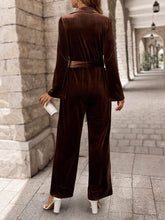 EMERY ROSE Women Lapel Collar Belted Wide Leg Velvet Jumpsuit